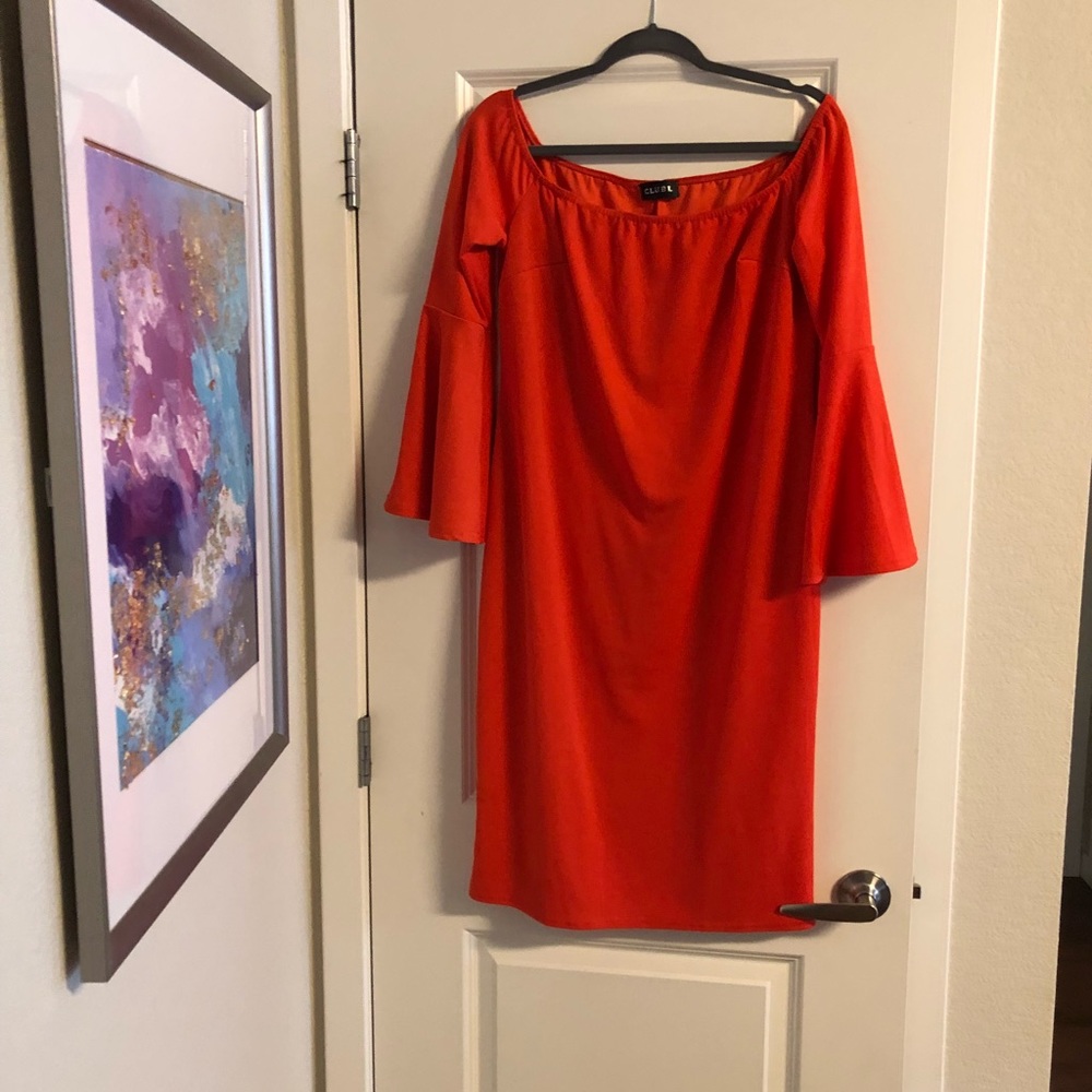 Orange Bardot style dress with slight bell sleeve